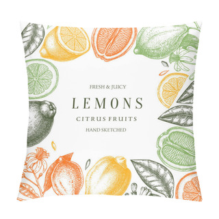 Personality  Ink Hand Drawn Citrus Fruits Frame Design. Vector Lemons Backgro Pillow Covers