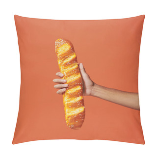 Personality  Cropped View Of Person Holding Freshly Baked Baguette On Orange Background, Crunchy French Bakery Pillow Covers