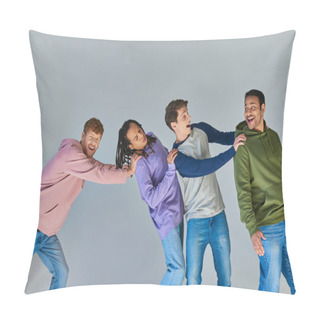 Personality  Four Smiling Happy Men In Casual Urban Outfit Having Great Time On Grey Backdrop, Cultural Diversity Pillow Covers