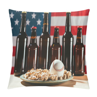 Personality  Close-up View Of Baseball Ball On Plate With Peanuts And Beer Bottles With American Flag Behind Pillow Covers