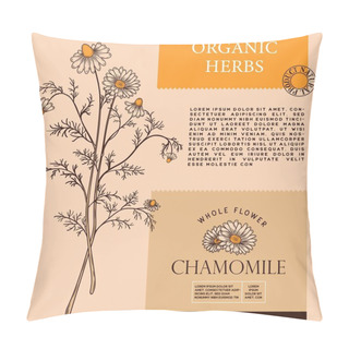 Personality  Chamomile Tea Label. Abstract Vector Packaging Design Layout With Realistic Shadows. Modern Typography, Hand Drawn Chamomile Herbs And Leaves Silhouettes Background. Isolated. Pillow Covers