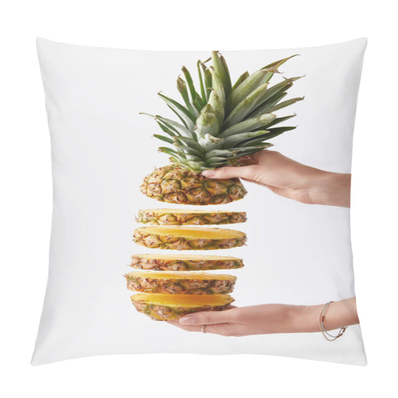 Personality  Partial View Of Woman Holding Cut Pineapple In Hands Isolated On White  Pillow Covers