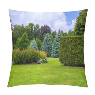 Personality  Landscaped Park With A Garden Bed And Different Trees And Bushes On A Turf Lawn, Evergreen And Seasonal Plants In The Backyard On Overcast Weather. Pillow Covers