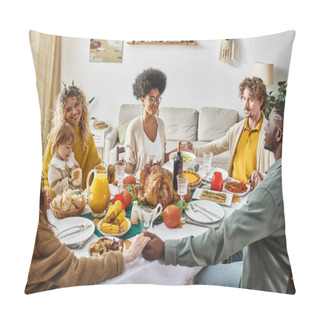 Personality  Joyful Multicultural Family Members Sitting And Holding Hands Praying At Festive Table, Thanksgiving Pillow Covers