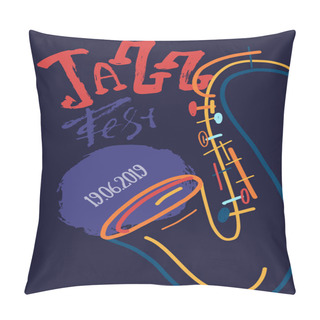 Personality  Lineart Freehand Jazz Music Poster With Saxophone. Hand Drawn Illustration With Brush Strokes For Festival Placard And Flyer, Concert, Event Pillow Covers
