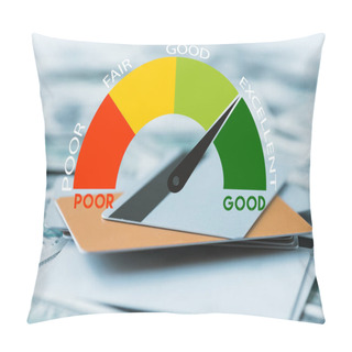 Personality  Selective Focus Of Pile With Credit Cards Near Speed Meters With Lettering On Dollar Banknotes  Pillow Covers