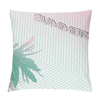 Personality  Flat Minimal Exotic Tropical Plant (bird Nest Fern)and Summer Neon Sign, Illusion Sometric Tiles And Palm Tree, Simple Aesthetic Illustration Background Pillow Covers