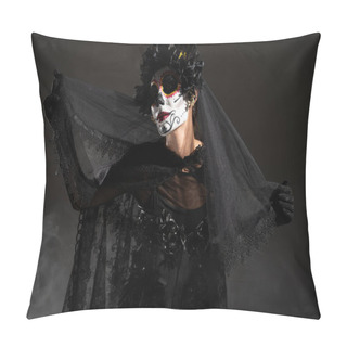 Personality  Woman In Spooky Halloween Makeup And Witch Costume Holding Black Lace Veil On Dark Background With Smoke Pillow Covers