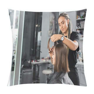 Personality  Beauty Profession, Hairdo, Hairdresser With Braids Brushing Short Brunette Hair Of Woman, Haircut, Professional, Beauty Salon Work, Haircut, Hairdressing Cape, Salon Beauty Tools  Pillow Covers