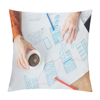 Personality  Cropped View Of Developer Working With Ux Website Templates And Holding Coffee Cup On Table Pillow Covers
