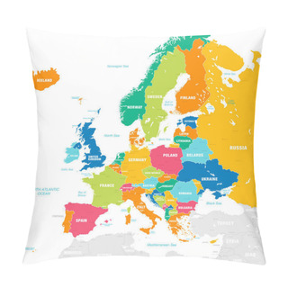 Personality  Vector Map Of European Continent With Countries, Capitals, Main Cities And Seas And Islands Names In Strong Brilliant Colors. Pillow Covers