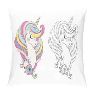 Personality  Unicorn Head With Flower. Beautiful Portrait Of A Magic Horse For Design, Postcard, Invitation, Children S Party. Colorfull Color Vector Illustration Isolated On White Background Pillow Covers