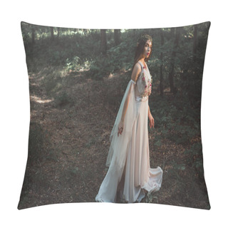 Personality  Elegant Mystic Elf In Dress With Flowers Walking In Forest Pillow Covers