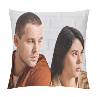 Personality  Upset Young Man Looking At Young Offended Asian Wife In Living Room At Home, Family Divorce Pillow Covers