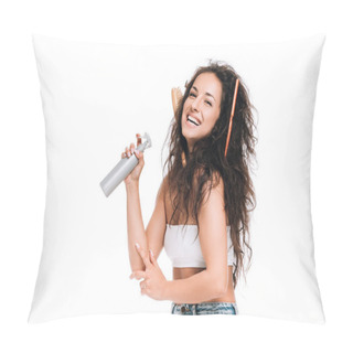Personality  Happy Brunette Woman With Combs In Wavy Unruly Hair Holding Spray Isolated On White Pillow Covers
