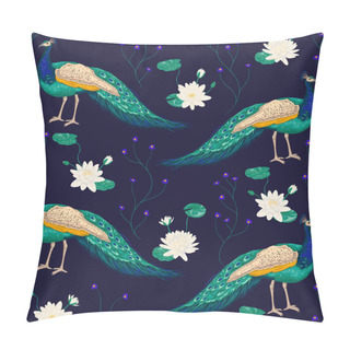 Personality  Seamless Pattern With Peacock And Water Lily. Vintage Vector Illustration In Watercolor Style Pillow Covers