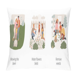 Personality  Seasonal Outdoor Works Isolated Cartoon Vector Illustration Set. Mowing The Lawn, Water Flowers Beds Outdoor, Child Holding A Hose, Remove Weeds On Backyard, Family Working Outside Vector Cartoon. Pillow Covers