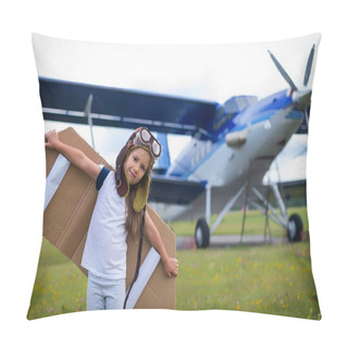 Personality  A Little Girl In A Pilots Costume With Cardboard Wings Runs On The Lawn Against The Backdrop Of The Plane. A Child In A Hat And Glasses Dreams Of Flying On An Airplane. Pillow Covers