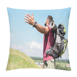 Personality  Traveler With Backpack Standing With Outstretched Hands On Summer Meadow With Blue Sky Pillow Covers