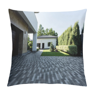 Personality  Facade Of New Contemporary House With Empty Parking, Green Lawn And Garden Pillow Covers