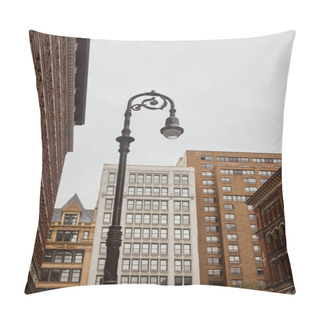 Personality  Low Angle View Of Decorated Lantern Near Modern Buildings In New York City, Urban Architecture Pillow Covers