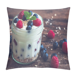 Personality  Yogurt With Fresh Berries On Woden Table Pillow Covers