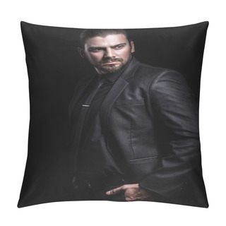 Personality  Strict Male Portrait. The Guy In The Classic Black Suit. Half Face In The Light. Pillow Covers