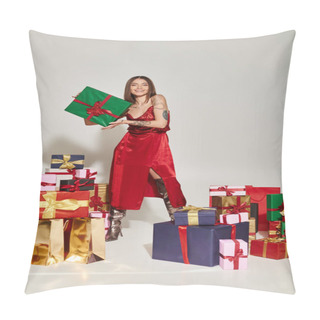 Personality  Cheerful Young Woman In Red Dress With Tattoos Posing With Huge Present, Holiday Gifts Concept Pillow Covers