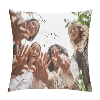 Personality  Bottom View Of Positive And Trendy Interracial Women Waving At Camera In Retreat Center Pillow Covers