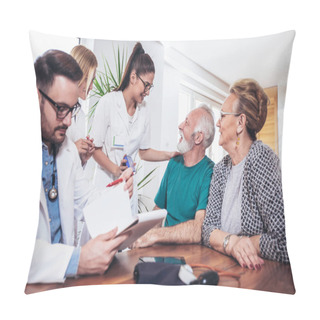 Personality  Senior Couple In Discussion With Health Visitor At Home. They Talk About Prescribed Therapy Pillow Covers