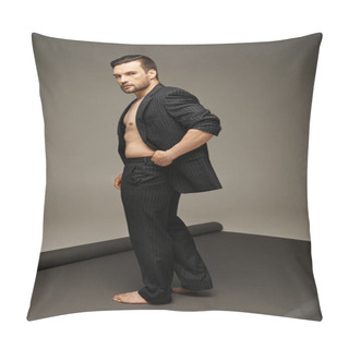 Personality  Fashionable And Handsome Man With Bare Chest And Pinstripe Suit Posing On Grey Background Pillow Covers