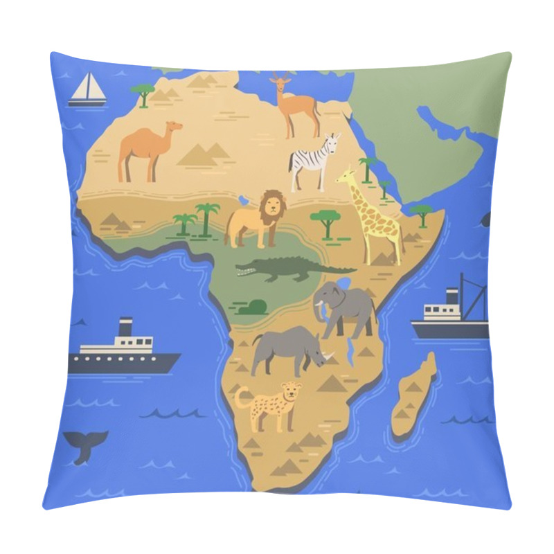 Personality  Stylized Africa map with indigenous animals and nature symbols. Simple geographical map. Flat vector illustration pillow covers