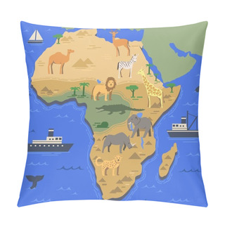 Personality  Stylized Africa Map With Indigenous Animals And Nature Symbols. Simple Geographical Map. Flat Vector Illustration Pillow Covers