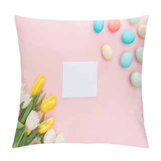 Personality Top View Of Empty Greeting Card With Tulip Flowers And Pastel Easter Eggs Isolated On Pink Pillow Covers