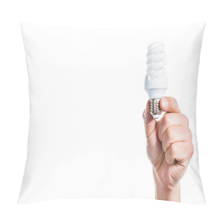 Personality  Cropped View Of Fluorescent Lamp In Male Hand Isolated On White, Energy Efficiency Concept Pillow Covers