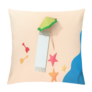 Personality  Top View Of Paper Cut Beach With Towel, Umbrella And Starfishes Near Sea Pillow Covers