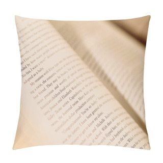 Personality Close Up View Of Open Book With Blurred Pages At Background  Pillow Covers