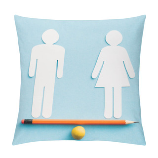 Personality  Paper Cut Figures Of Couple As Gender Equality On Pencil With Small Ball Isolated On Blue, Sexual Equality Concept  Pillow Covers