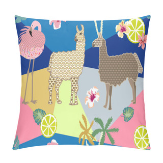 Personality  Creative Animal Print. Seamless Vector Pattern With Llamas, Flamingos And Flowers.  Pillow Covers