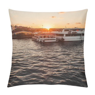 Personality  Moored Bots Near Buildings On Coast Of City And Sunset Sky At Background, Istanbul, Turkey  Pillow Covers