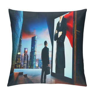 Personality  Young Businessman Looking The Hero Businessman On The Advertising Billboard Screen . Successful Businessman Concept . Pillow Covers