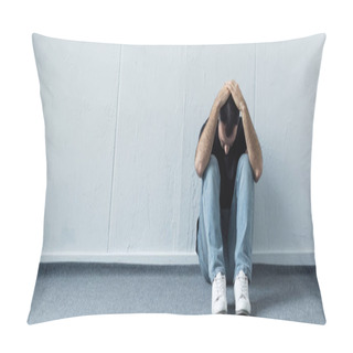 Personality  Panoramic Shot Of Depressed Man Sitting On Floor Near White Wall And Holding Hands On Head Pillow Covers
