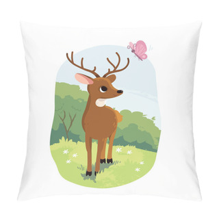 Personality  Little Brown Baby Bambi Deer Standing On Lawn, Meadow And Looking Up On Butterfly. Spring In Forest. Fairy Tale Cartoon Style Book Illustration. Cute Animal With Horns. Flat Vector. Pillow Covers