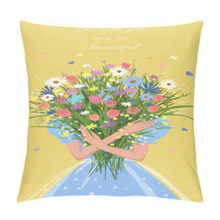 Personality  Girl With A Bouquet Of Flowers In Her Hands. Cute Spring Summer Illustration, Mother's Day Greeting Card, Happy Birthday Pillow Covers
