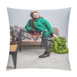 Personality  Beautiful Smiling Climber In Helmet With Climbing Equipment At Home Pillow Covers