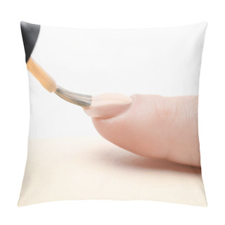 Personality  Ivory Nail Polish On Fingernail Of Woman With Wet Brush On White Background Pillow Covers
