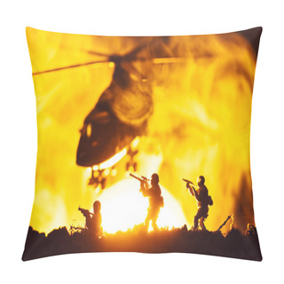 Personality  Battle Scene With Toy Warriors And Helicopter In Smoke With Sunset At Background Pillow Covers