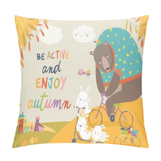 Personality  Cute Animals Riding A Bicycles In Autumn Park Pillow Covers