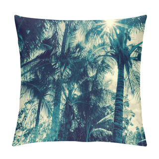 Personality  Coconut Palm Trees In Tropical Niue Sun Flare Through Fronds Pillow Covers