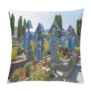 Personality  SAPANTA, MARAMURES, ROMANIA - SEPTEMBER 18, 2020: The Merry Cemetery, Famous In The World For Its Colourful Wood Tombstones, With Naive Paintings Describing The People Who Are Buried There. Pillow Covers